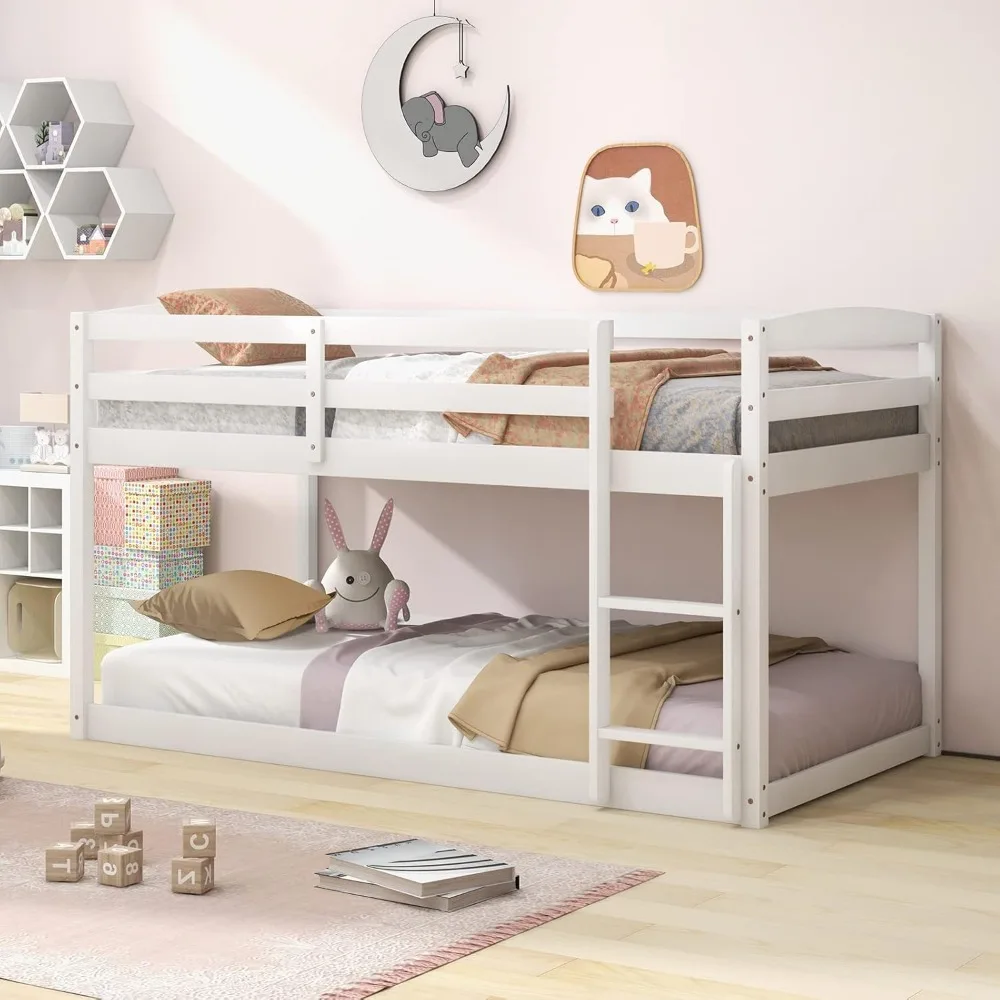 

Twin Low Bunk Bed, Bunk Bed Frame with Full Guardrails & Integrated Ladder, Floor Twin Bunk Beds for Kids Boys and Girls