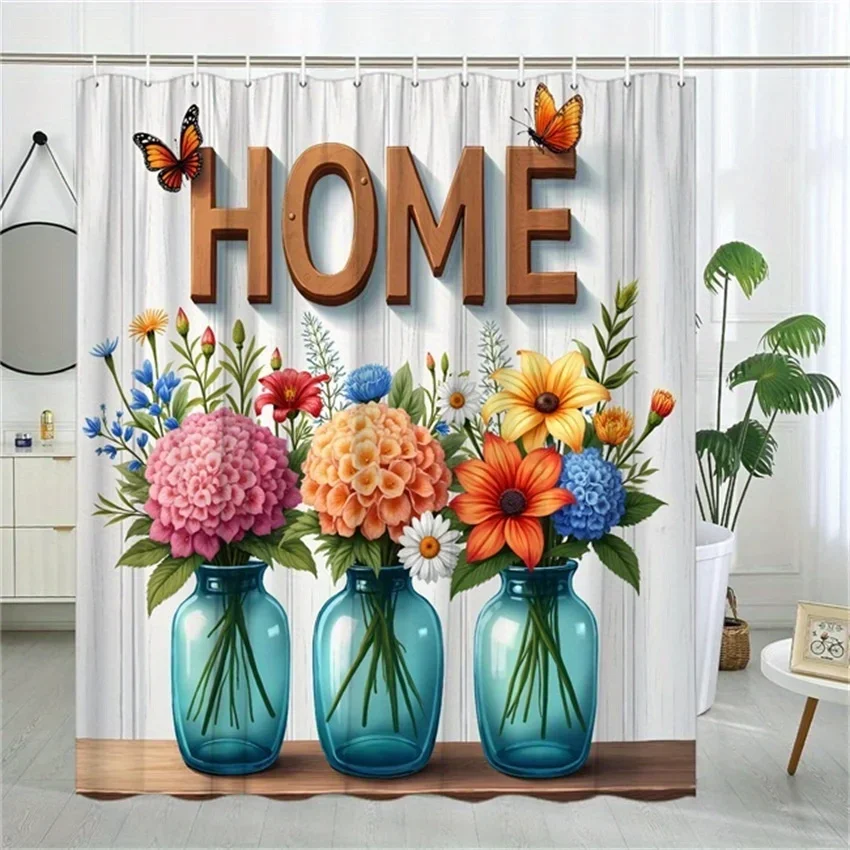 

Занавеска для душа с яркими цветами и бабочками — деревянные буквы, дизайн стеклянных ваз, 70,8x70,8 дюймов, в комплект входит 12 крючков