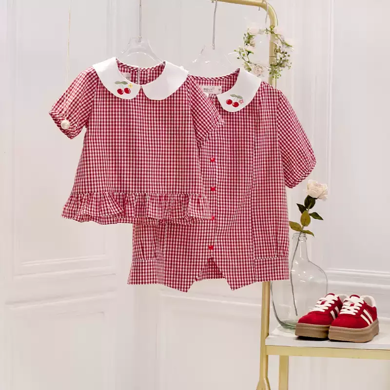 Short sleeve mother kids red shirt short sets Family look family matching outfits girl clothing New in matching set mom daughter