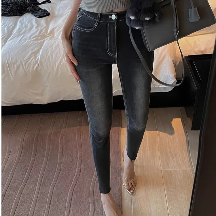 Afslanken Hoge Taille Fce Gevoerde Basis Sle Strakke Elastische Cargo Broek Koreaanse Sle Denim Skinnies Negen Stuk Potlood Broek