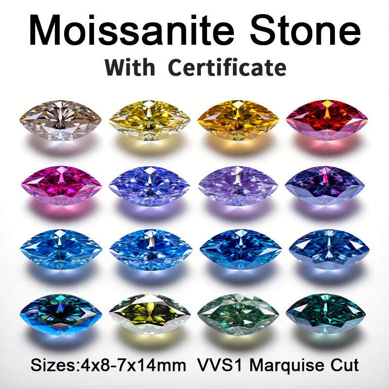 Top Quality Moissanite Stone Gemstone Multiple Colors VVS1 Marquise Shape for DIY Jewelry Bracele Rings Making with Certificate