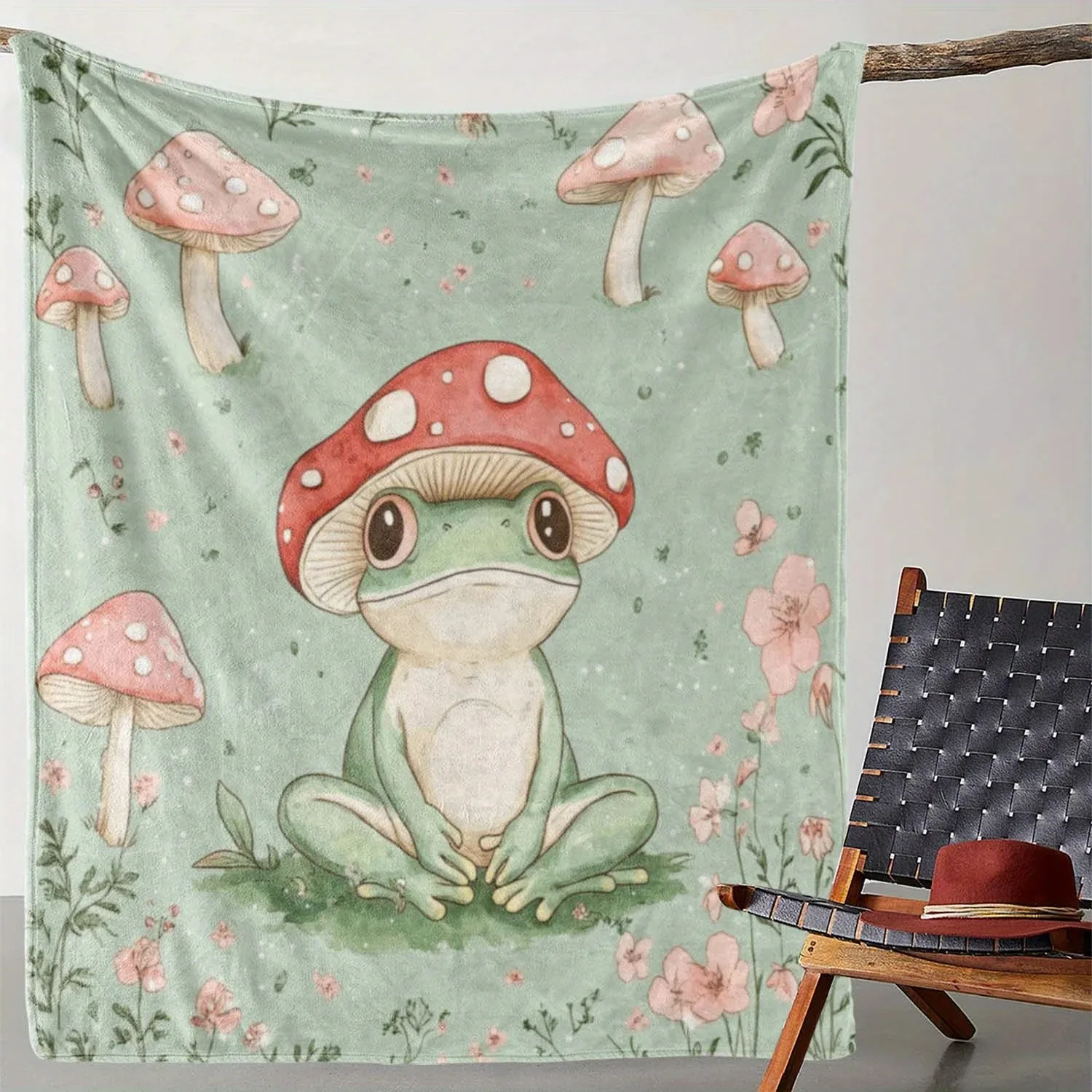 

Frog Mushroom Floral Flannel Blanket – Soft Warm Vintage Whimsical Design - 100% Polyester for Sofa, Bed, Car, Camping