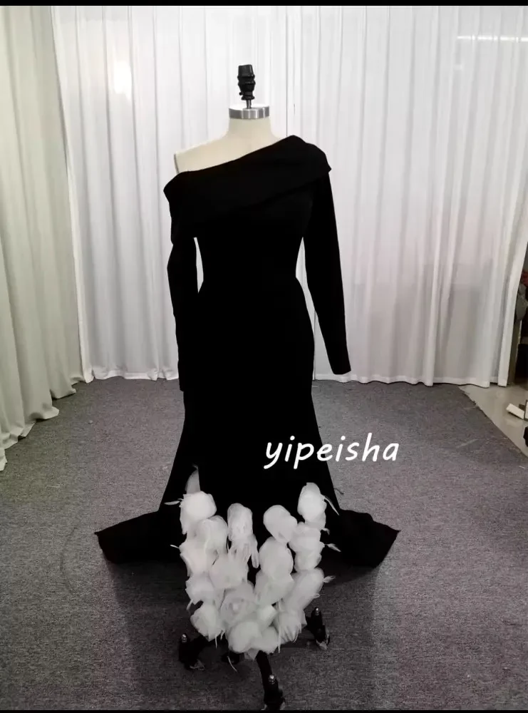 Customized Elegant High Quality Jersey Flower Feather Straight One-shoulder Long Dresses Fashion Formal Sizes Available