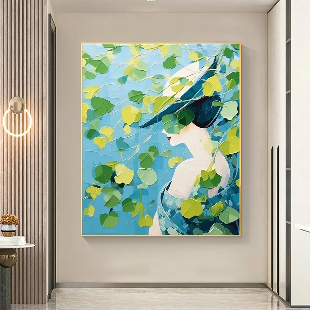 Hand Painted Oil Painting Large Original Fashion Wome Oil Painting Modern Blue Green Wall Art Custom Living room Wall Decor