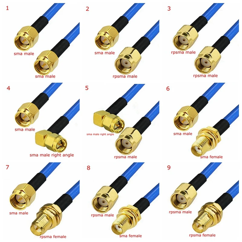 Kabel koncentryczny RG405, złącze męskie i żeńskie SMA RPSMA do SMA, kąt prosty, zaciskany do RG405, Test wysokiej częstotliwości, 50ohm, szybki mosiądz