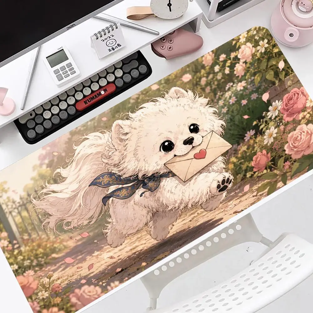 Kawaii Pomeranian Puppy Large Desk Pad Vintage Golden Frame Flower Design XXL Mousepads Rubber Laptop Keyboard Gaming Deskmat