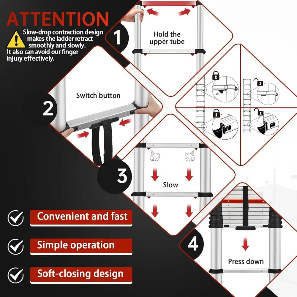 10,8-Fuß-Teleskopleiter aus Aluminium mit einem Knopf und Absenkautomatik, rutschfesten Füßen für den Einsatz zu Hause, im Freien, Wohnmobil, 250-Pfund-Last