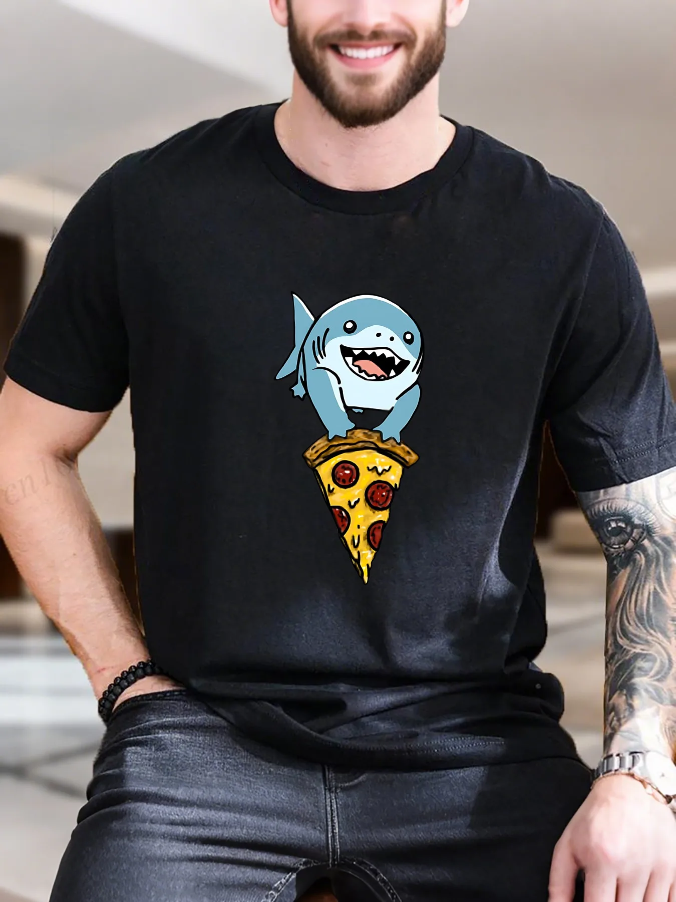 

New Arrival Fashionshark Pizza Print T-Shirt Men's 100% Cotton Comfortable Breathable Casual Tee Trendy Graphic Top For
