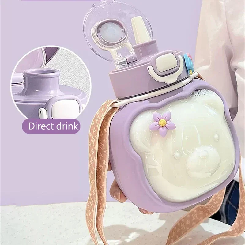 

2025 1L Cloud Bear Water Bottle for Girls - Large-Capacity Summer Straw Cup with Big Belly Design, Portable Kids Drinkware"