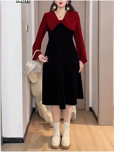 Ragazza di grandi dimensioni Colori contrastanti Dolce fiocco con scollo a V Abito di giunture Autunno Inverno Elegante vita alta A-line Abiti a maniche lunghe