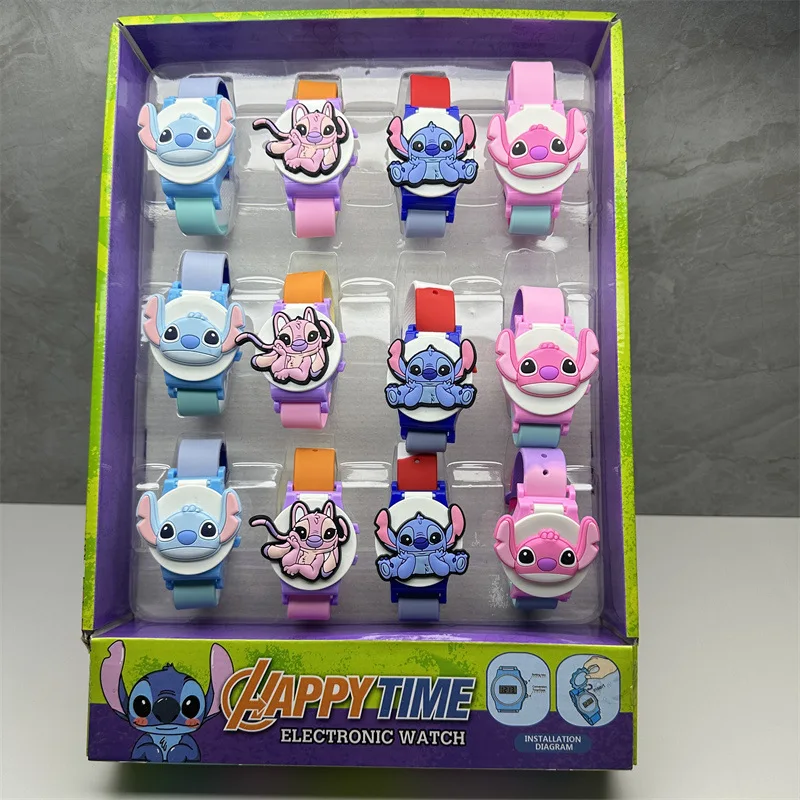 Disney Cartoon Wristwatches for Children Blue Stitch Watch for Kids Flip Cover  Silica Gel Watches 4PCS Set Blue Pink Purple