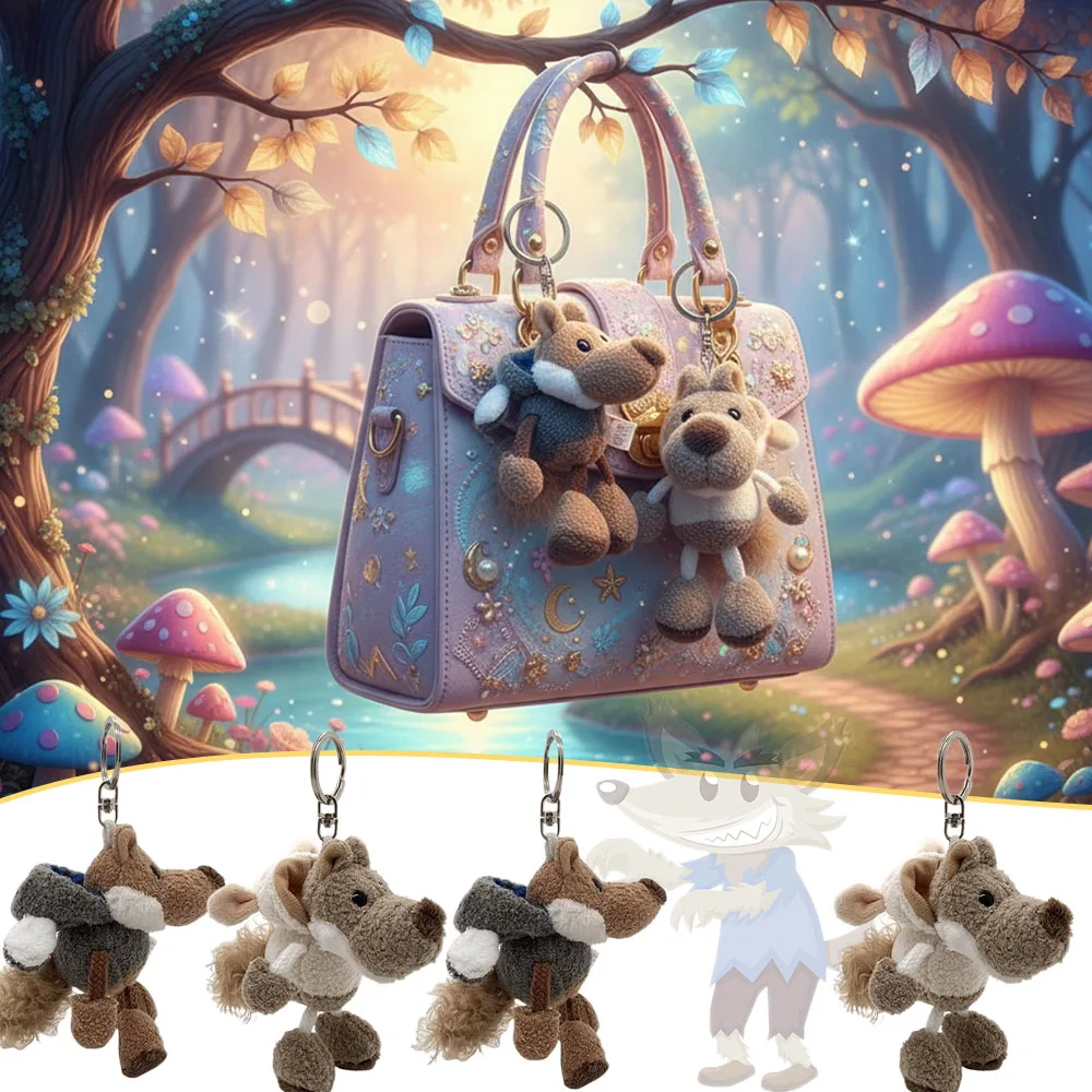 Cartoon Wolf Plush Keychain Creative Animal Pendant Funny Bag Charm Faux Fur Hanging Ornament for Backpack Purse Car Key Gift