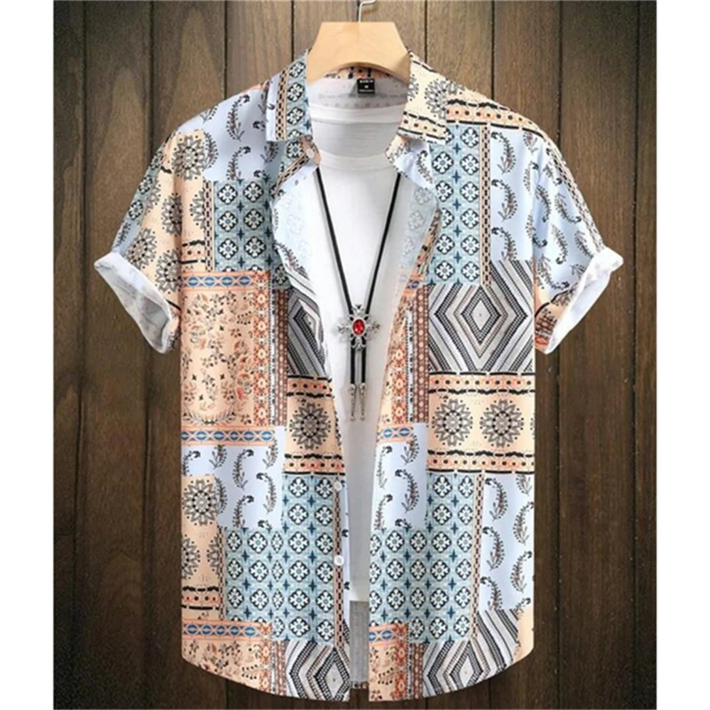 Men\'s Shirt Summer Ethnic Style Casual Fashion Short Sleeved Daily Loose Breathable Hawaiian Shirt Man Casual Men\'s Clothing Top