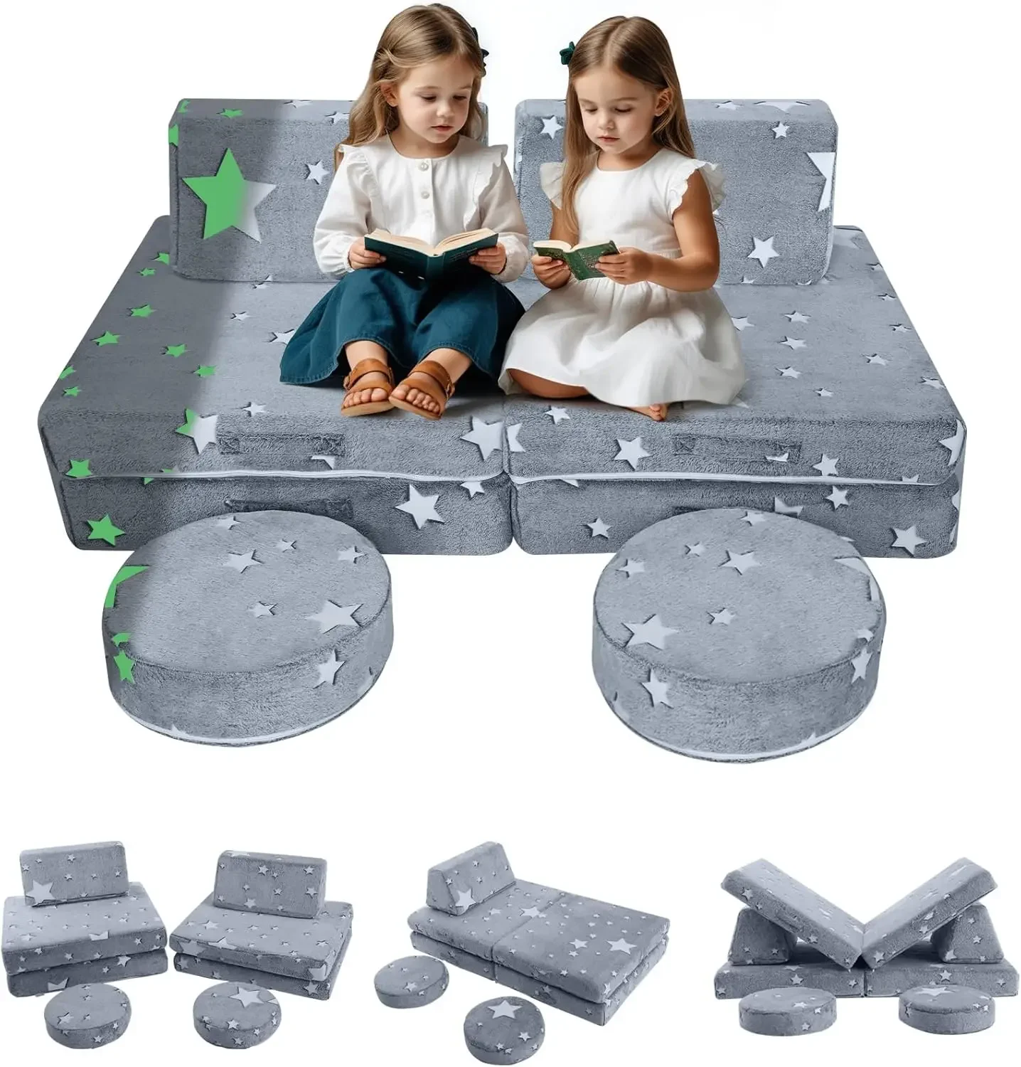 Kids Couch Glow Sofa Modular Toddler Couch for Playroom, 8-Piece Fold Out Baby Couch Play Set, Children Convertible Sofa Foam Co