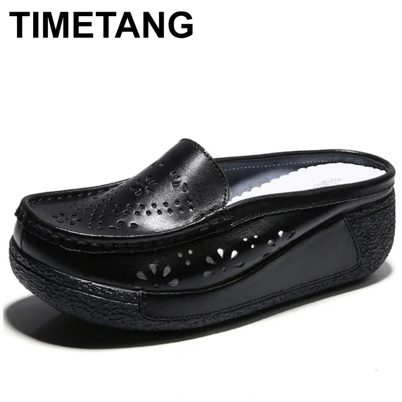 

TIMETANGSummer Women Platform Slipper Flip Flops Breathable Leather Casual Shoes Slip-on Comfortable Nurses Shoes Wedges Sandals