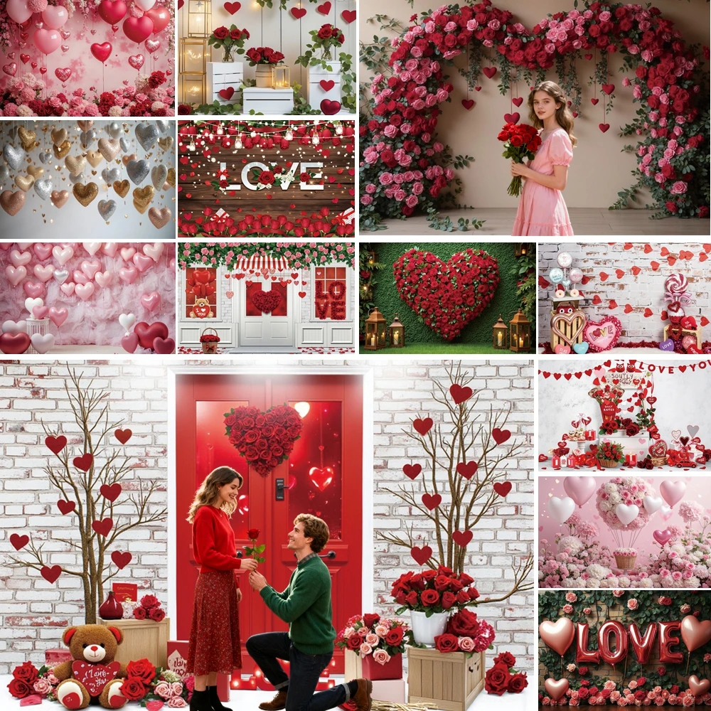 

MOON.QG Love Valentine's Day Backdrop Rose Teddy Bear String Light Garlands Photo Background Maternity Photocall Birthday Props