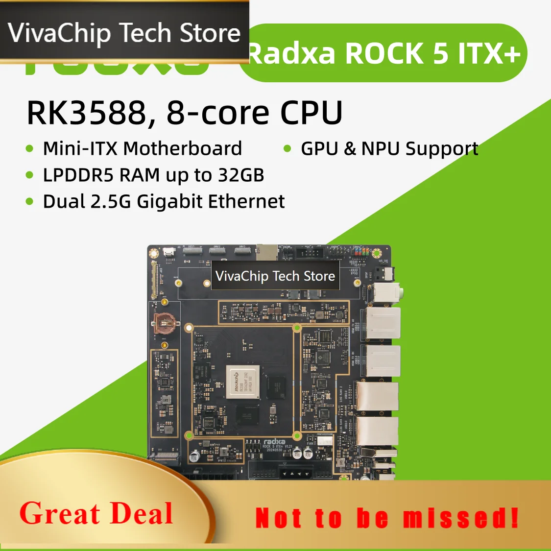 VivaCTRadxa ROCK 5 ITX+, RK3588 8-core CPU, Mini-ITX Motherboard, LPDDR5 RAM, 8K HDMI And Dual M.2 M Key Connector