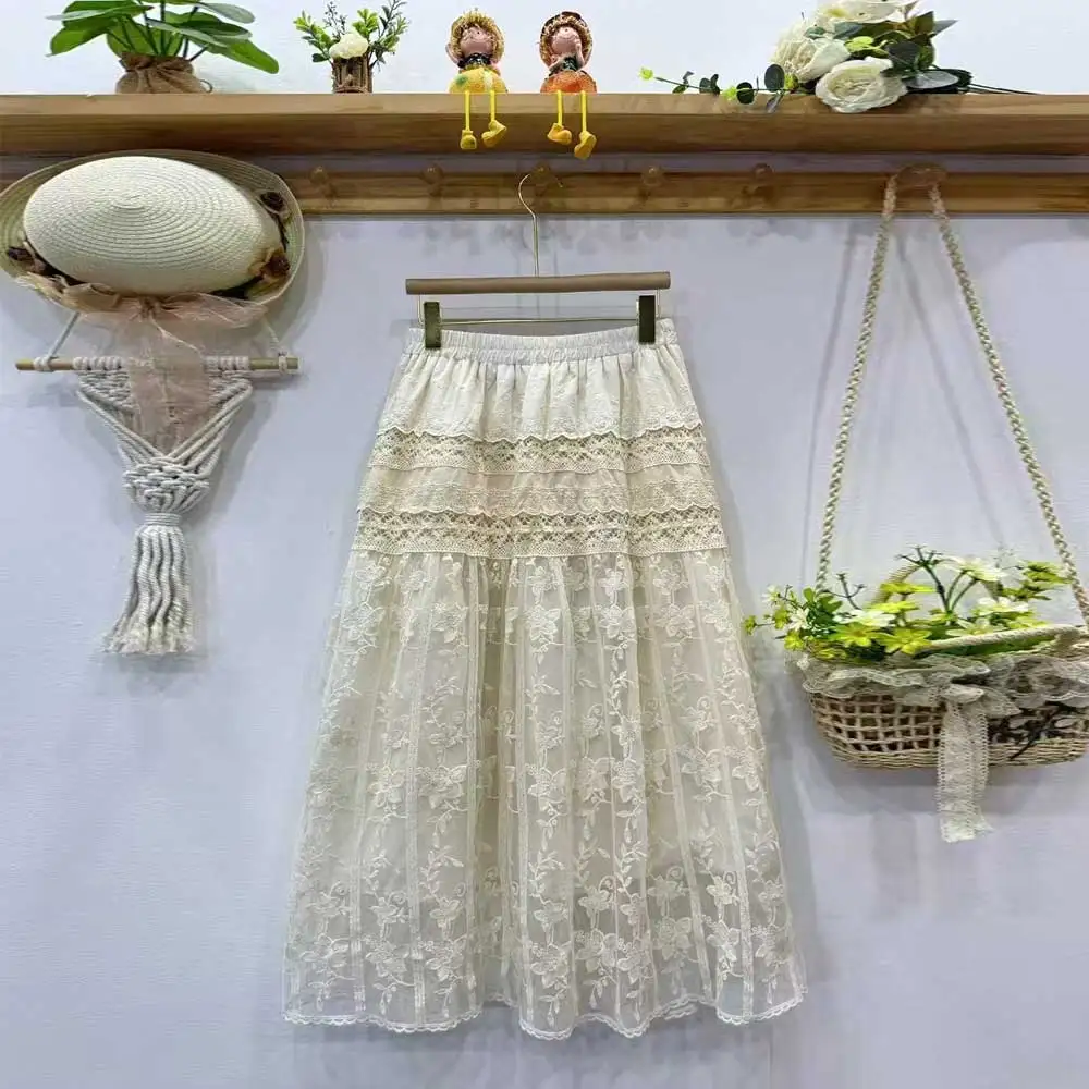 

Women Sweet Lolita Mori Girl Lace Mesh Embroidered Skirts Summer Solid Color Elastic Waist Casual Loose A-Line Skirts