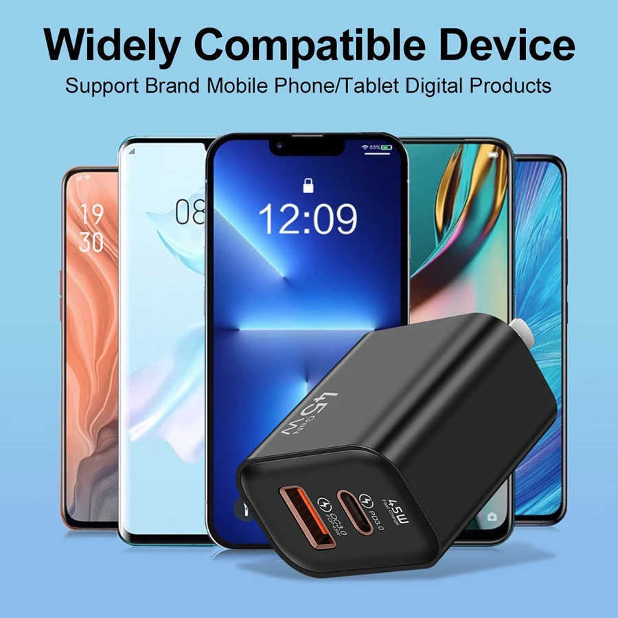 45W GaN Fast Charger Dual Port USB C PD3.0 QC3.0 Quick Charging Block Fireproof PC Wall Adapter For Smart Mobile Phones
