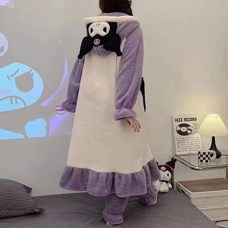 Cartoon Kuromi Coral Fleece Plus Velvet Thicken Nightgown Loungewear Girly Kawaii Winter Outdoor Long Style Hooded Home Clothes