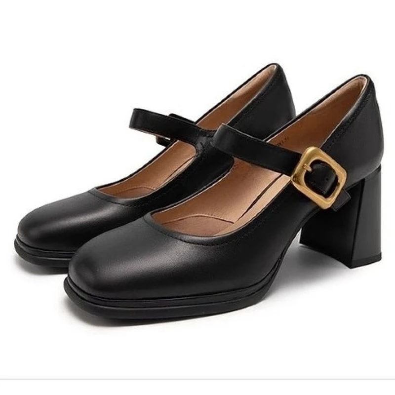 

Patent Leather Closed Toe Mature Ladies Office Pumps Buckle Strap Vintage Women Shoes Block Heels Fashion Comfort Casual Sexy