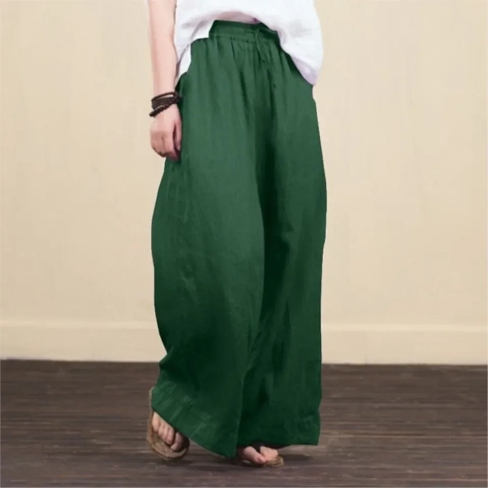 Summer Casual Loose Cotton Linen Loose Wide-leg Trousers For Women Fashion Elastic Waist Lace-up Pocket Female Holiday Trousers