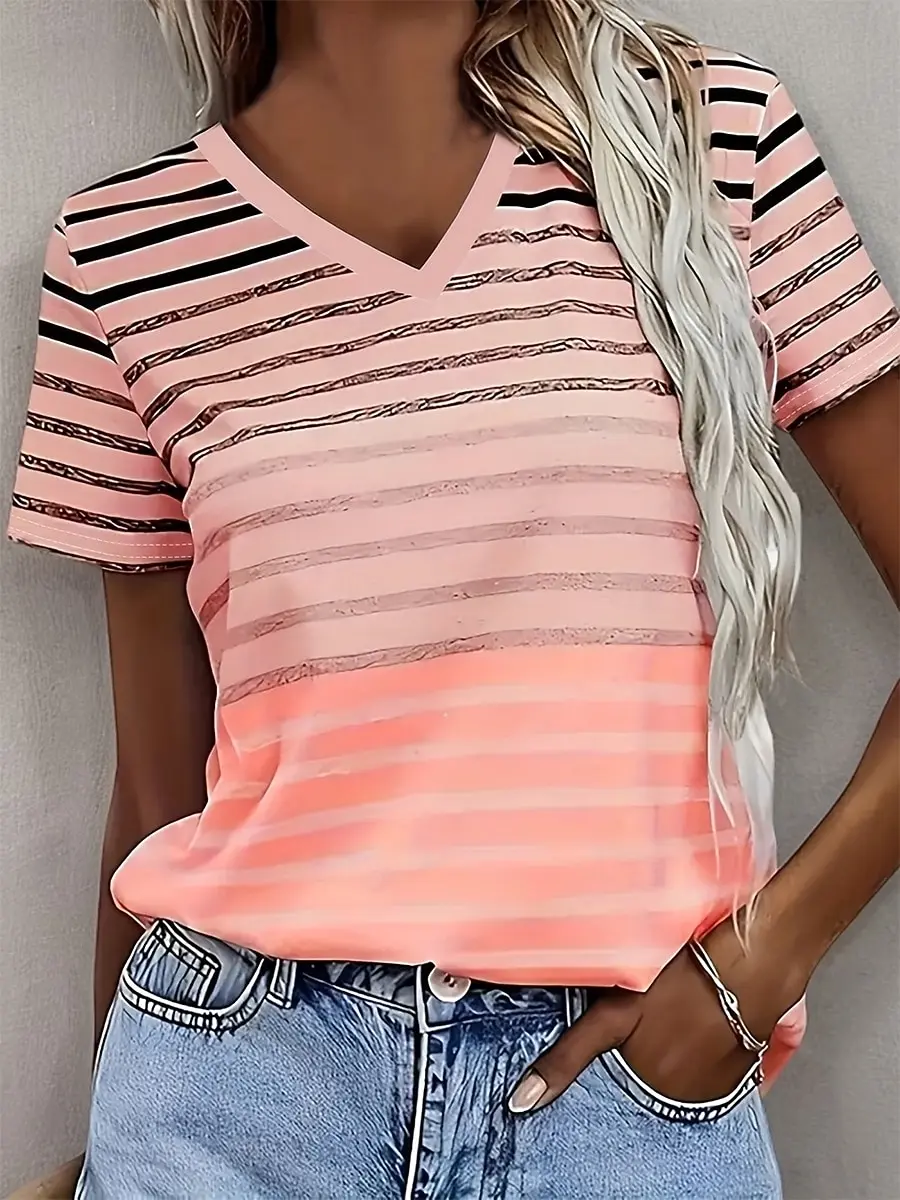 Women's Striped Geometric Graphic V Neck T Shirt, Short Sleeve Casual Tops, Daily Multi Color Look for Spring & Summer
