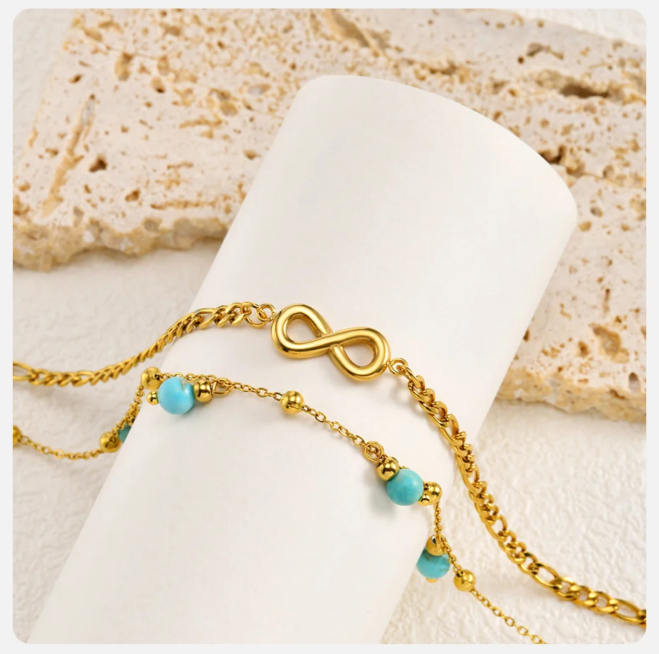 Vnox Neues Boho Doppellagiges Infinity Damen-Fußkettchen aus Edelstahl, Vergoldet, Sommerschmuck für den Strand – Detail 5