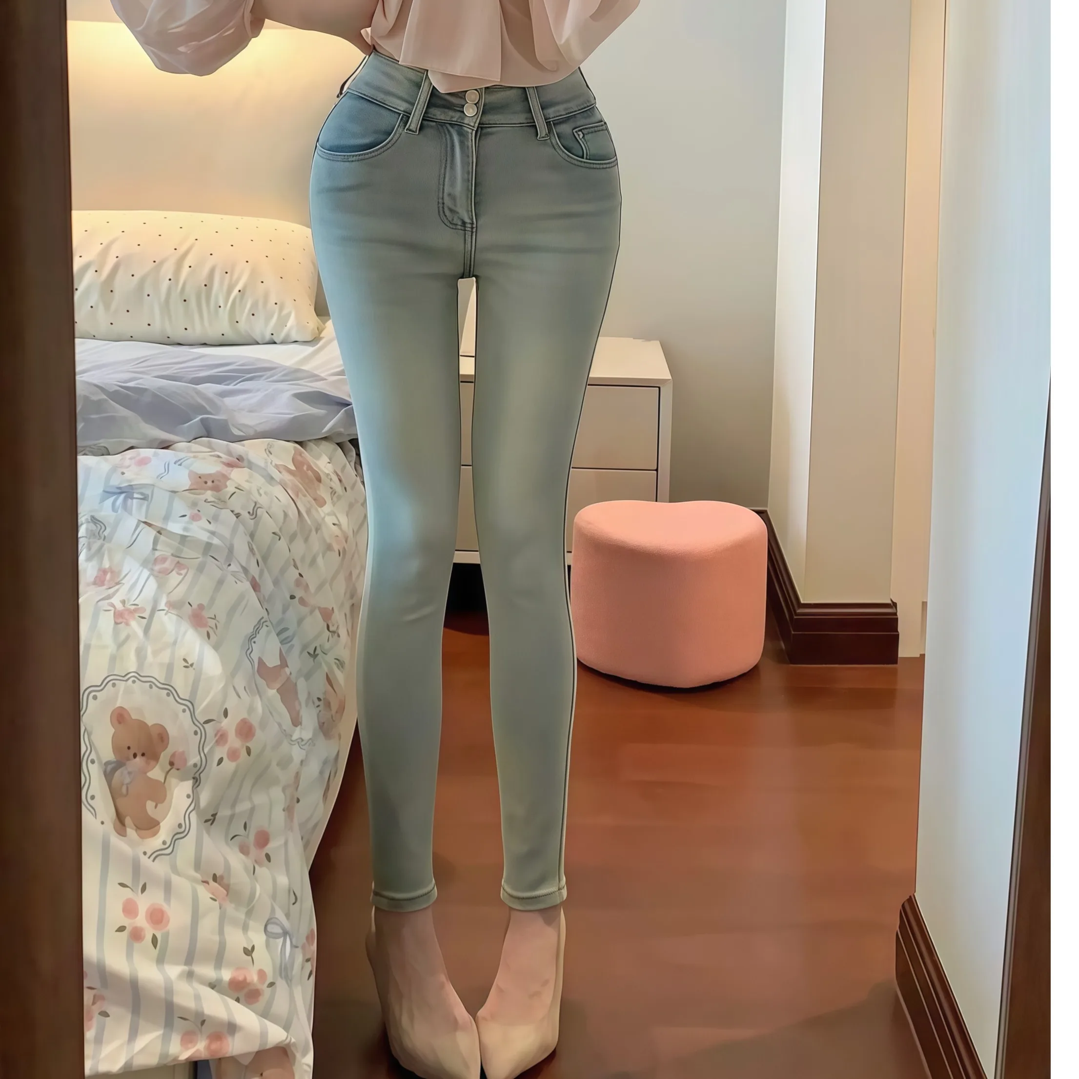 Sexy High Waist Slim Fit Denim Pants Women's Spring Body Shape Elastic Trendy Jeans Korean Style Butt Pad Peach Hip Pad