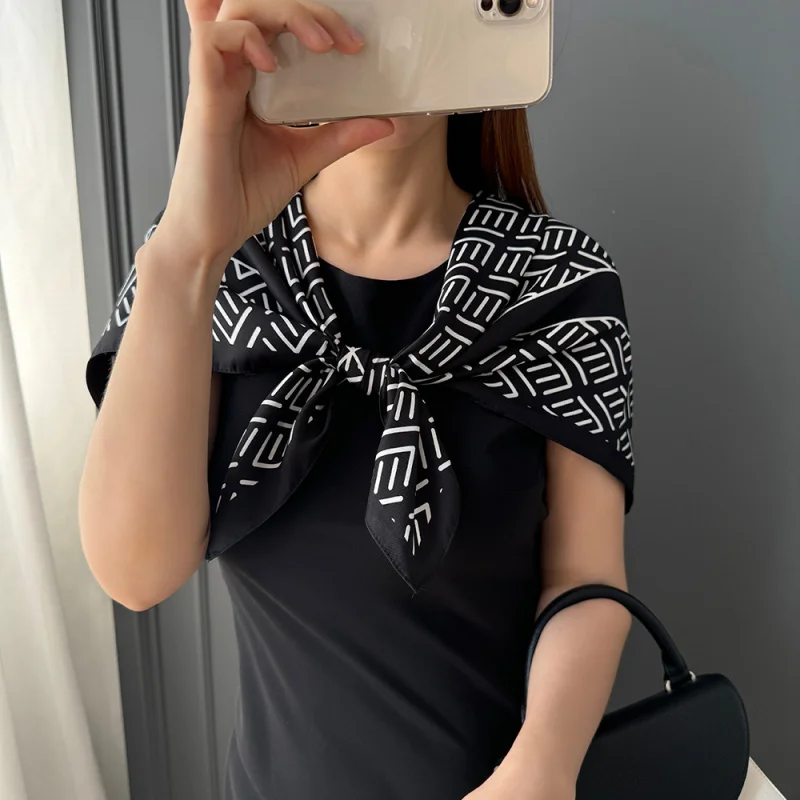 

Simple and Elegant Black and White Contrast Silk Scarf Women90x90cmVersatile neck shawl, scarf, and wrap