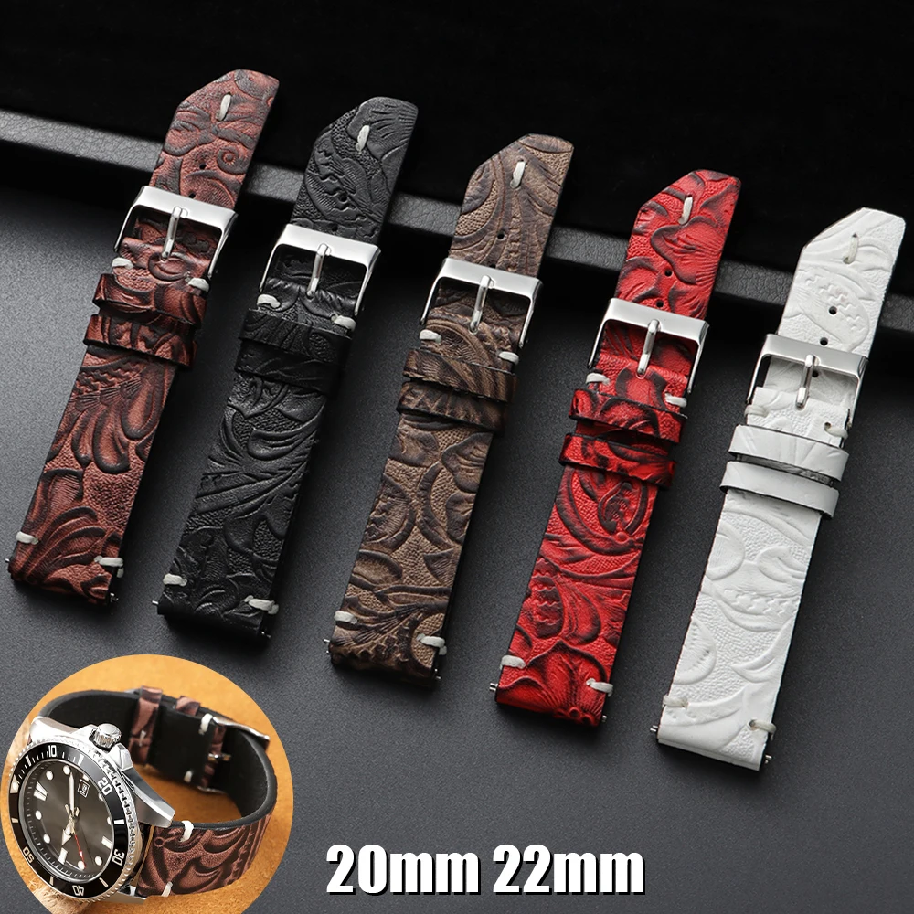 

Винтажный ремешок для часов из телячьей кожи 20 мм 22 мм с принтованным узором, кожаные ремешки для часов, аксессуары для часов Seiko, универсальный браслет из воловьей кожи