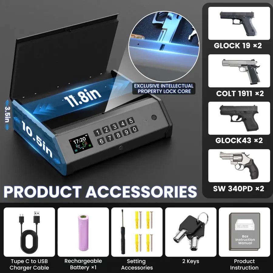 Cofre para armas, pistola biométrica de 4 maneiras, seguro recarregável com teclado de impressão digital, bloqueio de aplicativo, controle APPC, display LCD, energia de emergência
