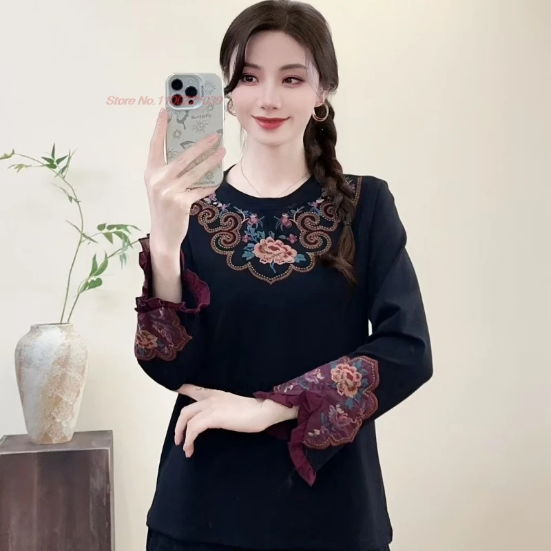 

2025 national flower embroidery o-neck folk shirt traditional chinese base shirt vintage shirt retro hanfu top ethnic shirt