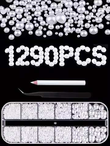 12 grid mixed white pearl nail accessory 3D round/semi-circular pearl pearl nail rhinestone nail accessory