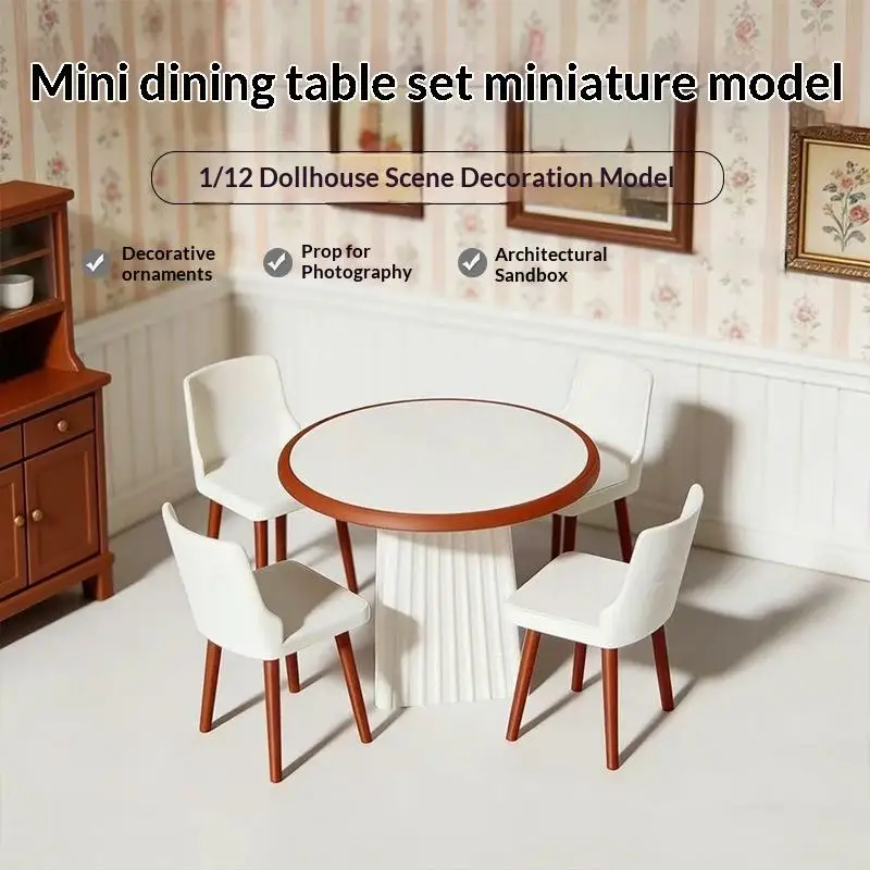 Dollhouse Furniture Set Miniature Round Dining Table with Chairs 4Pcs Wooden Accessories for DIY Home Decor