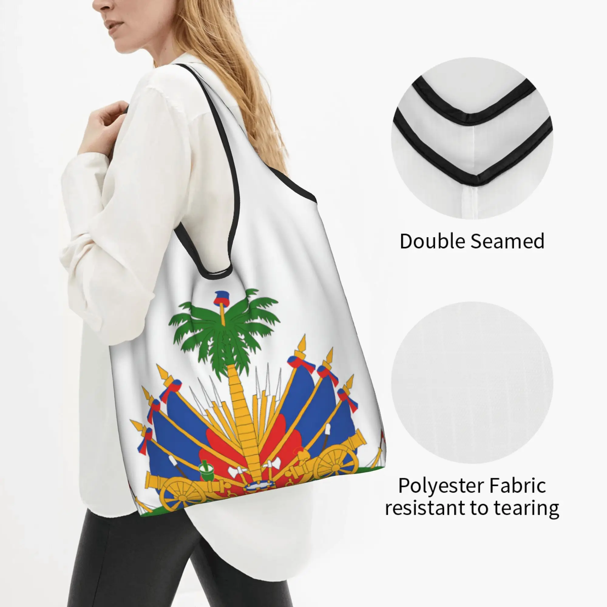 Colorful Emblem of Haiti Nation Grocery Shopping Bag Cute Shopper Tote Shoulder Bag Big Capacity Portable  Handbag