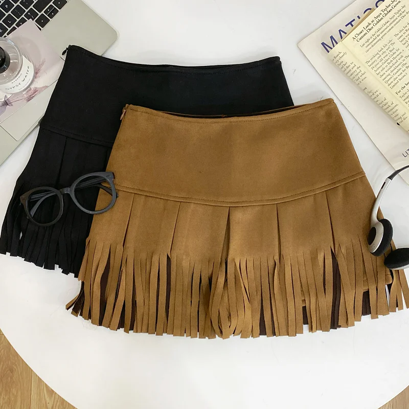 Demi-jupe à franges pour femmes, Design polyvalent, Imitation daim, velours, taille haute, Slim, Design Sense, jupe courte, automne hiver