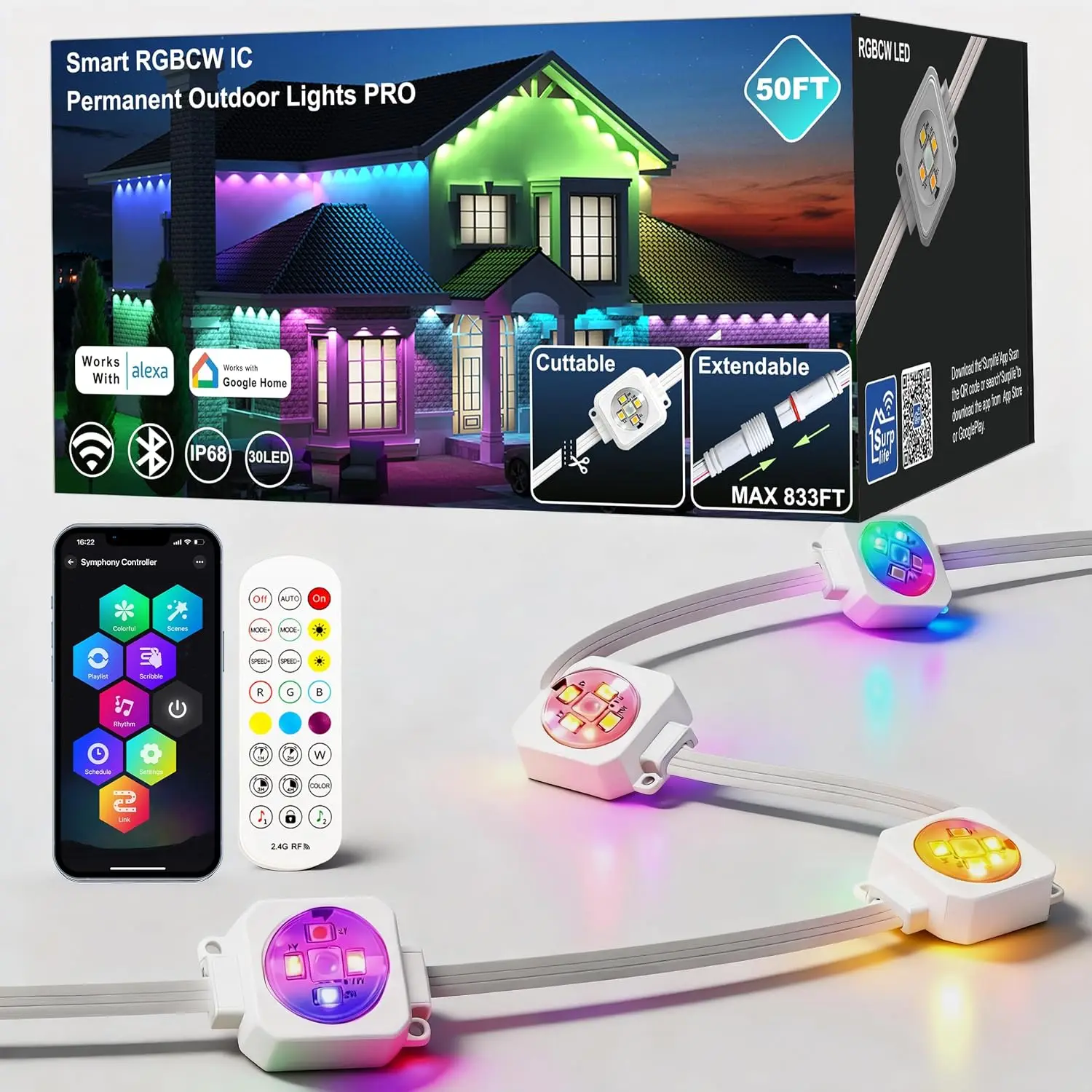 50ft Professional Permanent Outdoor Lighting, Cuttable 30 RGBCW+IC LED String Light