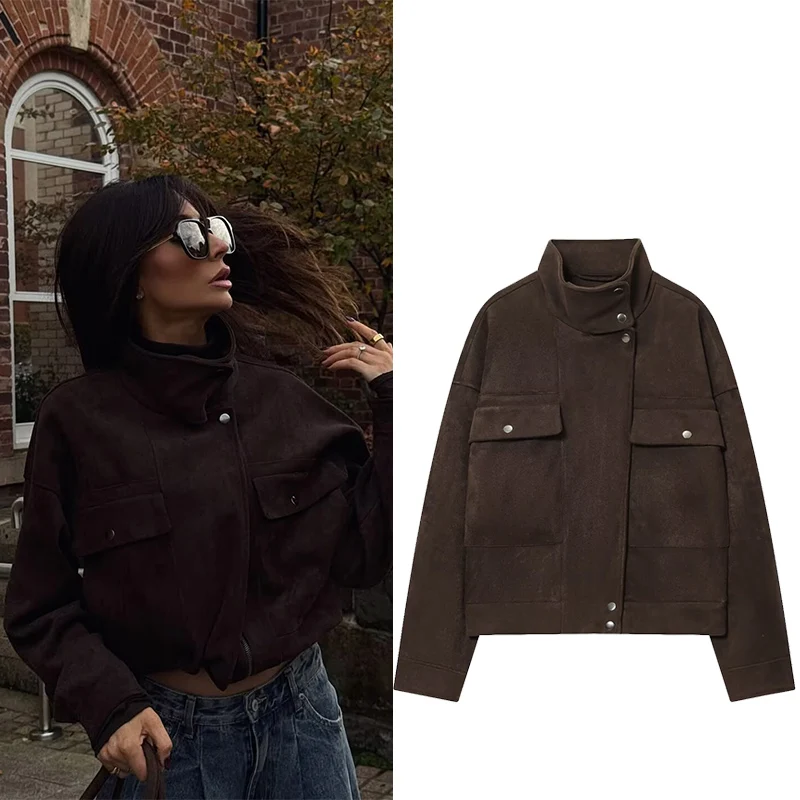 

Women's Bomber Jacket Long Sleeve Zipper Suede Jackets for Women 2025 High Street Short Coats Lady Autumn Winter New Outerwears