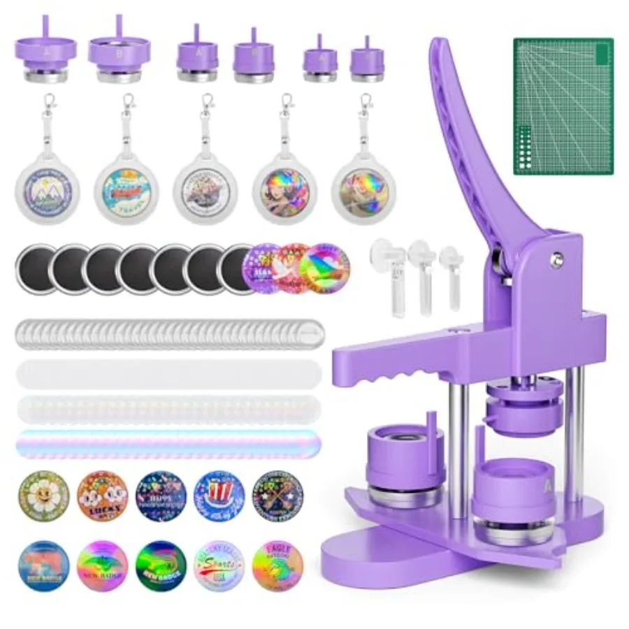 

Машина для изготовления значков 1''+1.25''+2.25'' с прессом для кнопок, 300 голографических пленок, 10 магнитов на холодильник, 5 значков