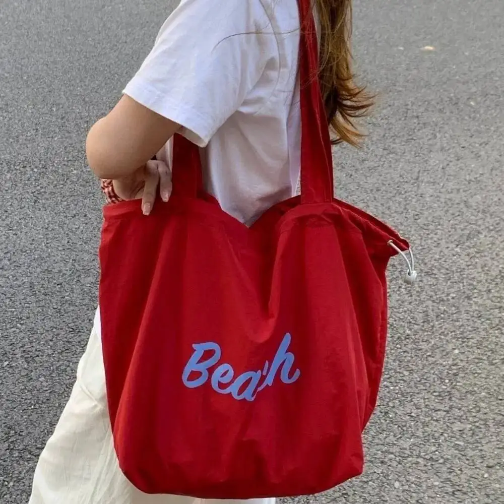 OUIO Fashion Canvas Laptop Shoulder Bag Portable Casual String Tote Bags Letters Printed Large Capacity Beach Bags Shopping