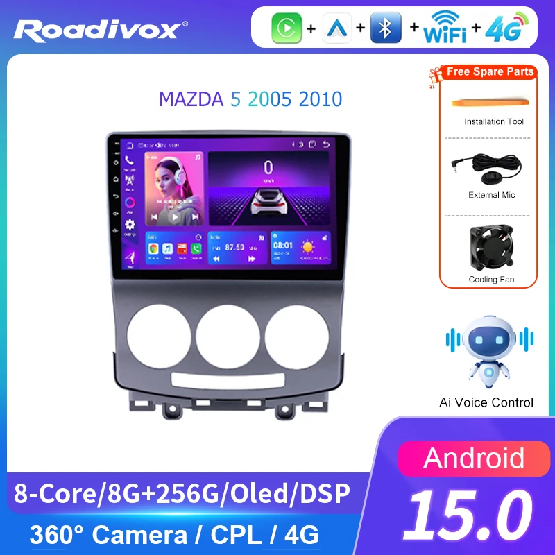 AI VOICE Android 13 Car Radio Multimedia player for MAZDA 5 2005 2010 GPS Nav Stereo Screen Video Tape Recorder Carplay 4G 2din