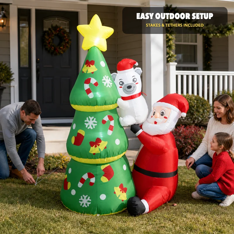 4 FT Christmas Santa Inflatable Toy With LED Lights Outdoor Santa Holding Polar Bear Beside Christmas Tree Blow Up SETS Christmas Gift Party New Year Indoor Decoration Toys Lovely Twinkling with lovely LED lights Stakes for The Yard Lawn Garden