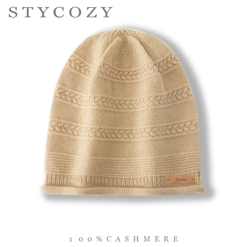 High Quality 100%Cashmere Rolled Edge Cable Knit Slouchy Hat Women Winter Fashion Jacquard Solid Color Striped Outdoor Warm Cap