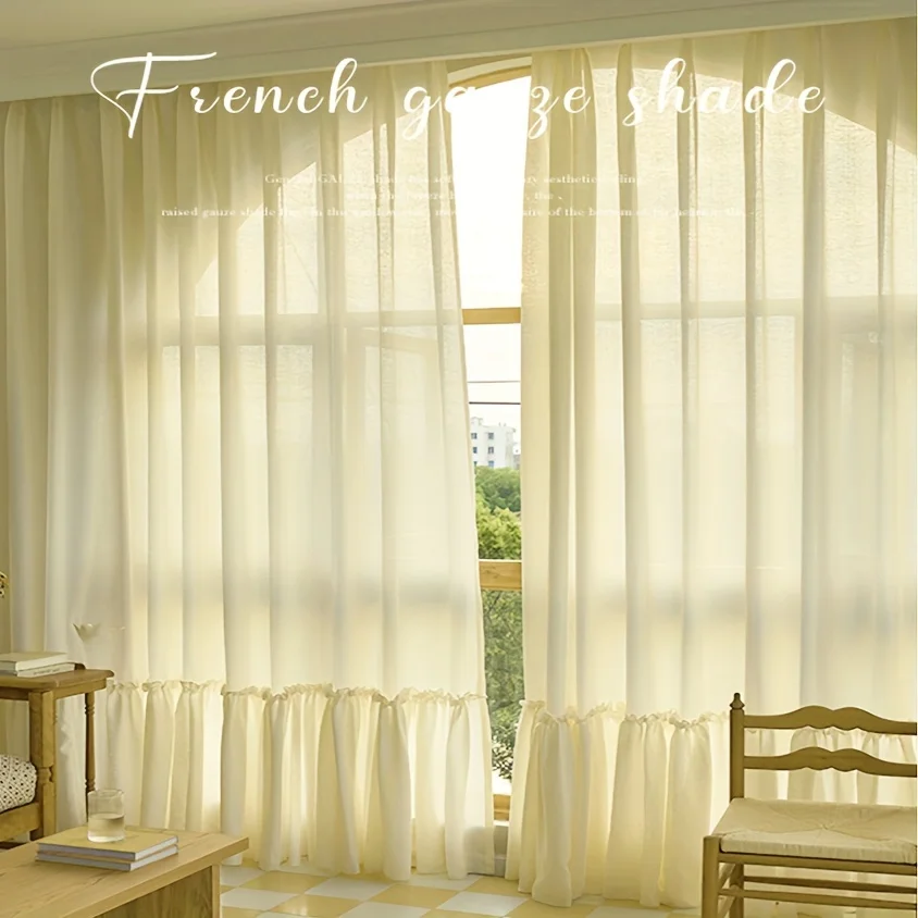 Modern Semi-Sheer Curtains Privacy Imitation Hemp Panels for Living Room Bedroom Rod Pocket Hook Hanging Romantic Ruffle Skirt
