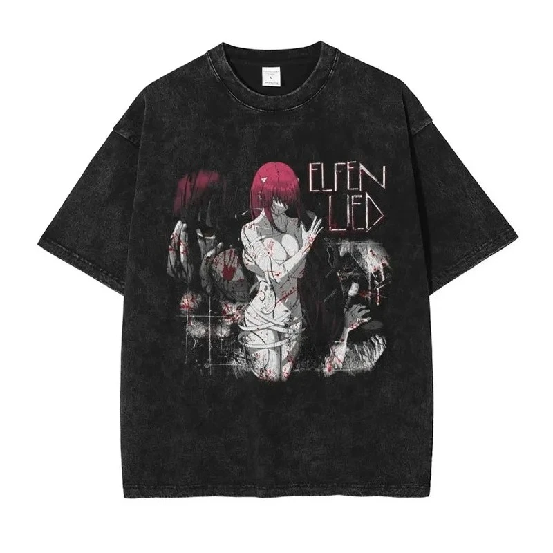 Elfen Lied Lucy Anime Graphic T-shirt Vintage Washed Anime Merch Harajuku Unisex Oversized Crew Neck Cotton Short Sleeve Tee Top