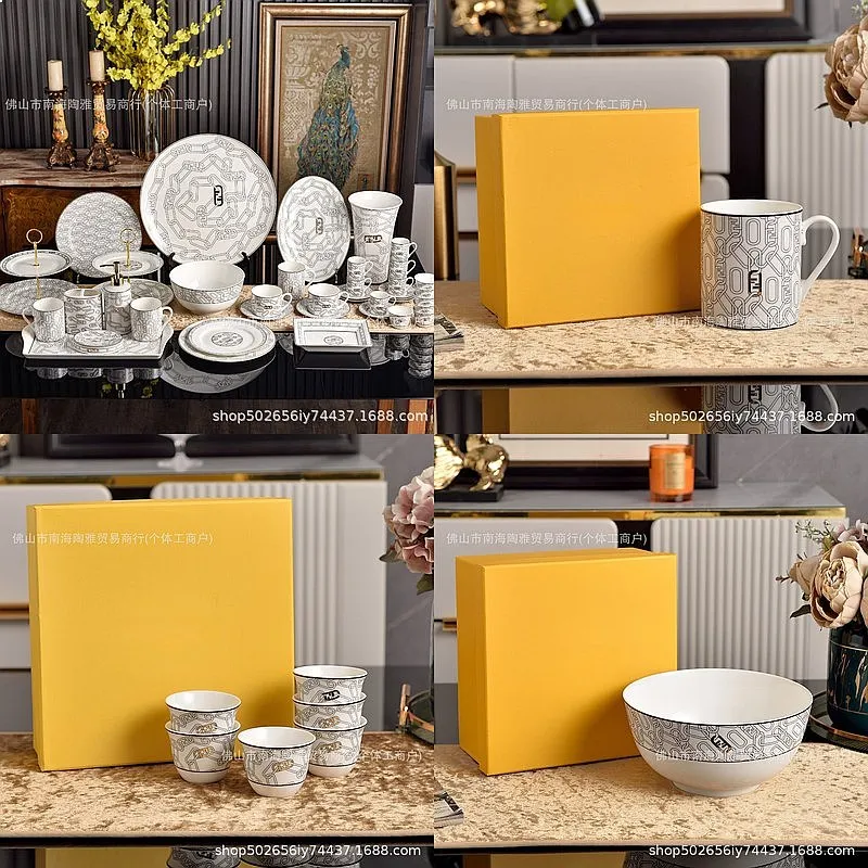 European Geometric Chain Coffee Cup Saucer Tea Cup Clip Design Dinner Plate Soup Bowl Large Tray Light Luxury Tableware Gift