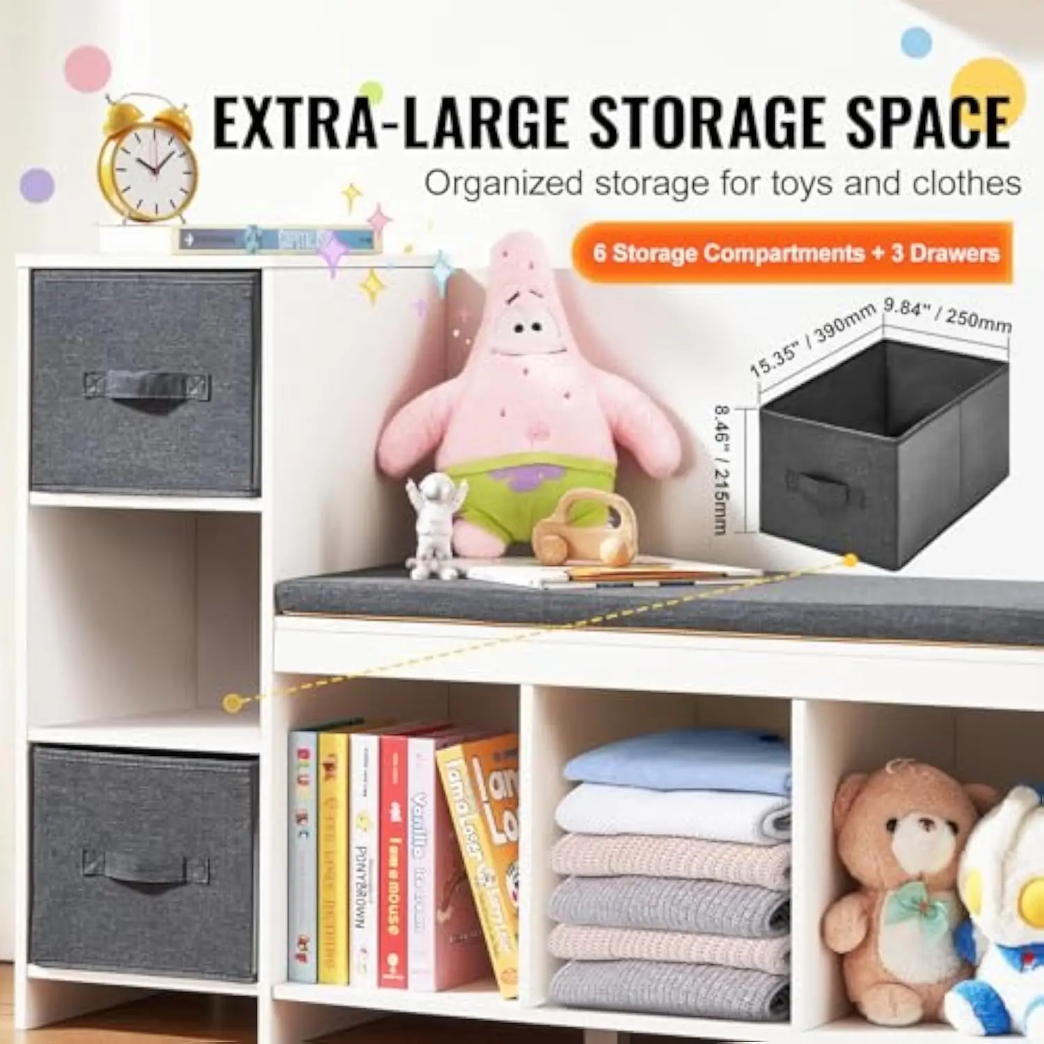 Kids Reading Nook Bench, Toddler Bookshelf and Bookcase with Detachable Seat Cushion, 6-Cubby Storage Organizer Bench with 3 D