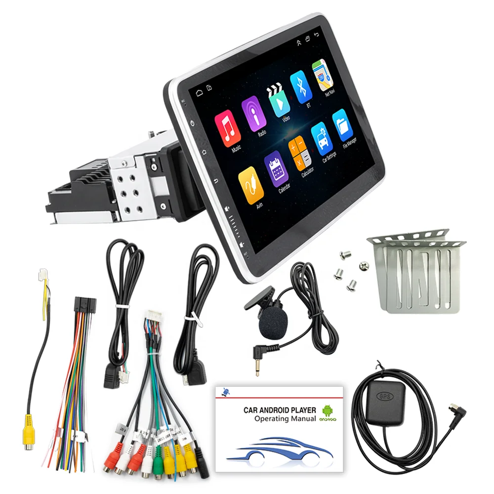 Single Din 1 Din 10 inch Android car video DVD player with adjustable 90 degree global positioning system navigation car audio r