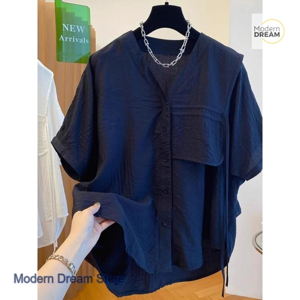 

Korean style irregular V-neck design short-sleeved T-shirt women's summer new niche western style age-reducing casual top